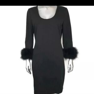 Calvin Klein LBD Size 12 Black Dress With Feather Trim Cuffs